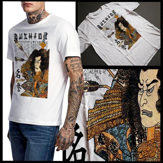 Japanese Samurai T-Shirt Warrior Holding Staff Showing Warface Bushido Tee L