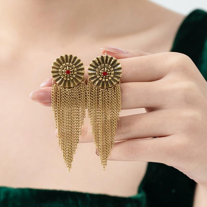 Retro Rhinestone Flower Pendant Tassel Earrings with 925 Silver Needles