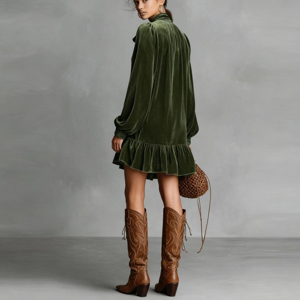 Rochii Mini A-line Largi la Modă pentru Femei Toamnă Iarnă Mânecă Lungă Guler Uni Rochie Scurtă Verde Elegantă