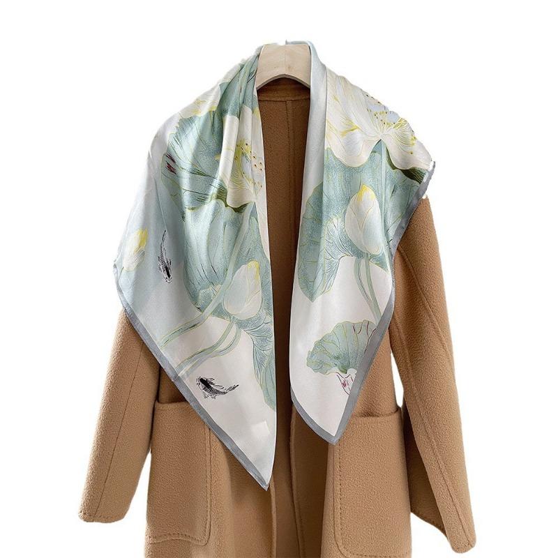 Spring and Autumn New Lotus Plain Crepe Satin Printed Shawl Premium 100 Mulberry Silk Silk Scarf Versatile Silk Square Scarf