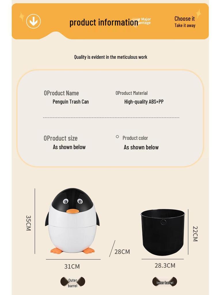 Cartoon Penguin Flip-Top Trash Can with Lid - Cute Style for Living Room or Bedroom