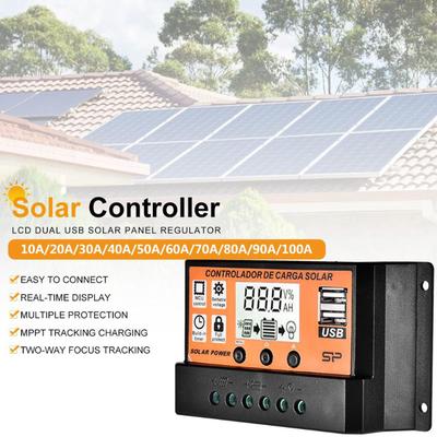10A/20A/30A/40A/50A/60A/70A/80A/90A/100A Auto LCD Screen Solar Charge Controller Dual USB Solar Panel Regulator 12V24V