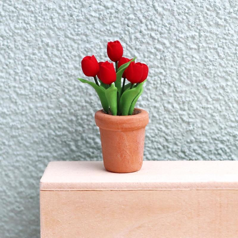 1:12 Puppenhaus Miniatur Rote Tulpe Topfpflanze Topf Blume Heim Garten Dekor
