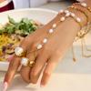 Uworld Fashion and Elegant 18K Gold Color Plated Stainless Steel Freshwater Pearl Chain with Fingers Stackable Chain Bracelet Wo