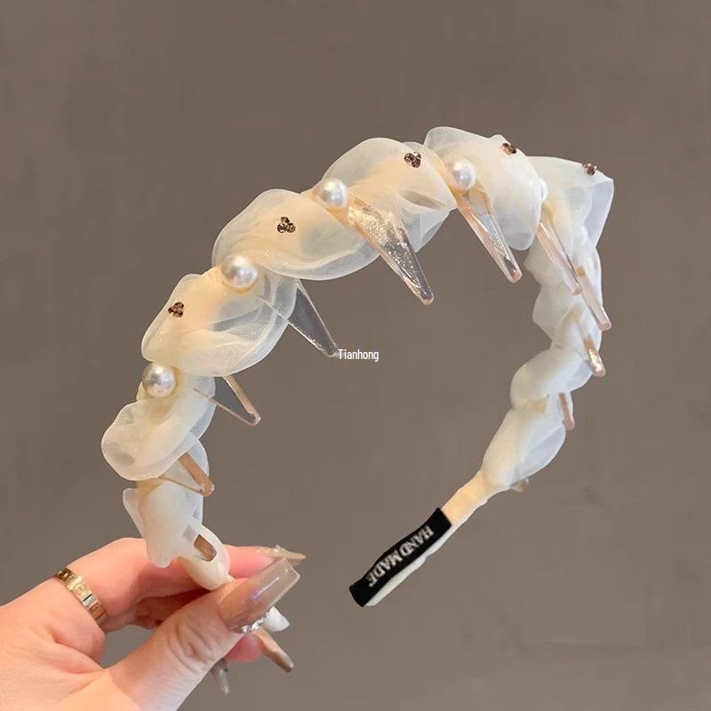 Elegant High Crown Faux Pearl Headband with Feminine Net Yarn