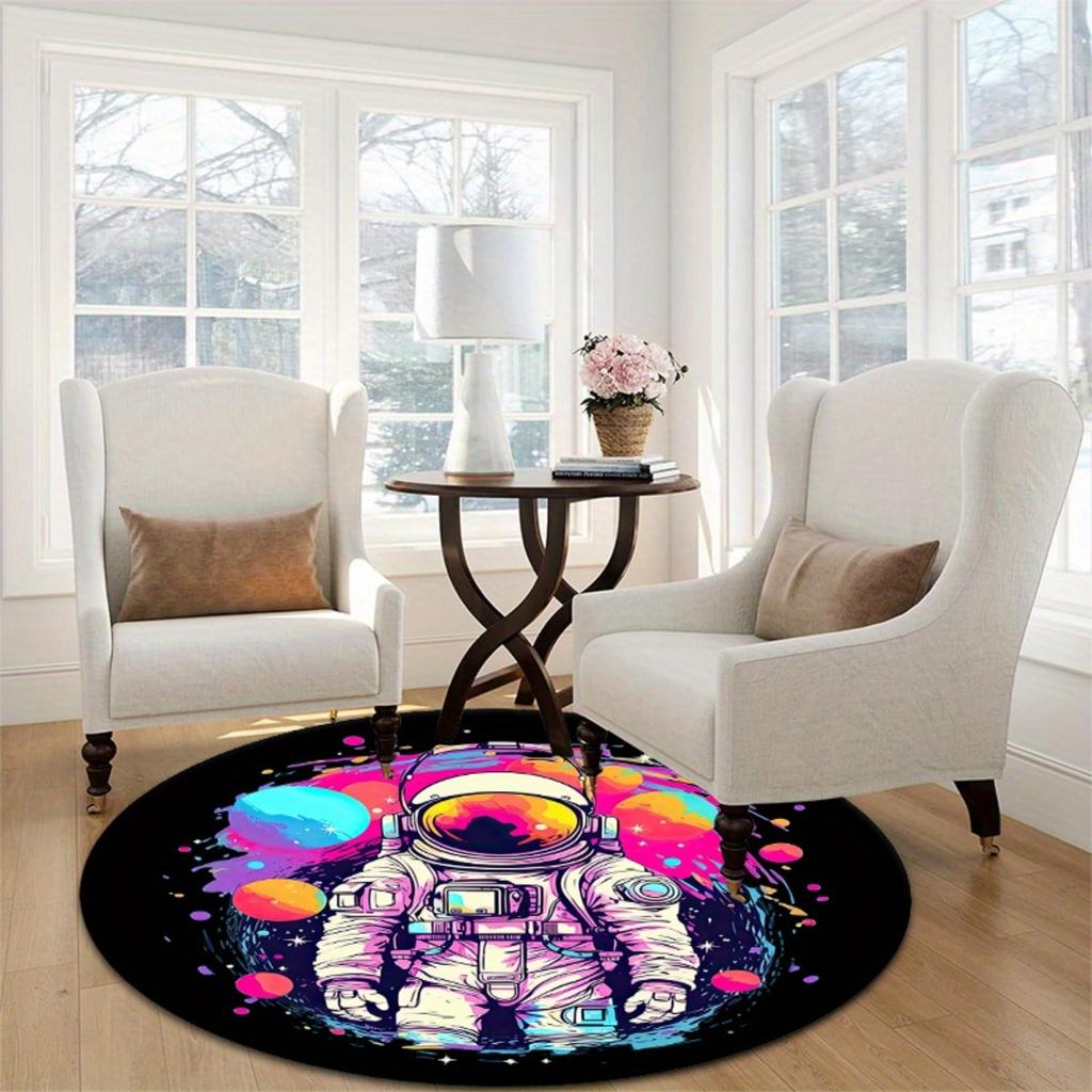 Round Astronaut Space Rug Sci Fi Decor Living Room Bedroom Soft Flannel Carpet Unique Design Floor Mat Home Decoration