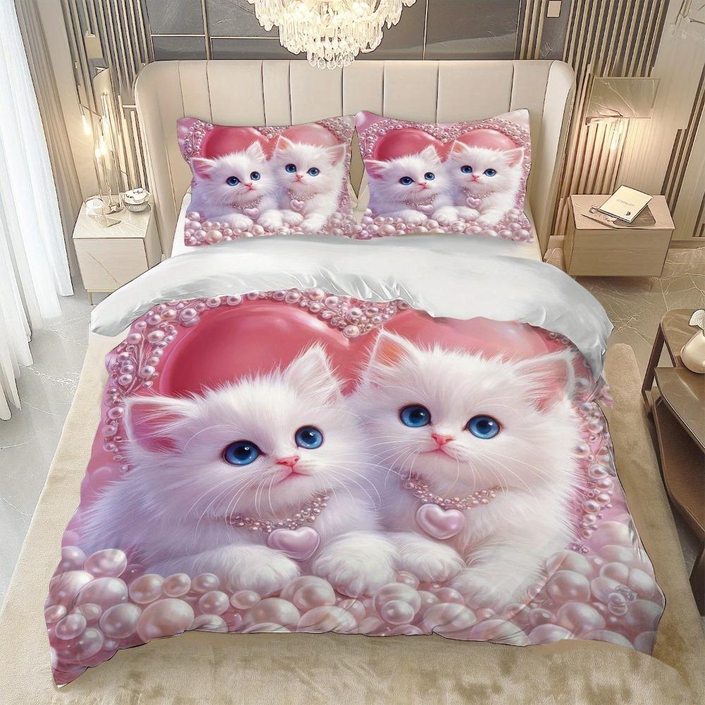 Pearl Cat Duvet Cover Set Cute Cat Pattern Bedding Set Duvet Cover ChildrenGift Single Double Largebed SizeZip Duvet Cover