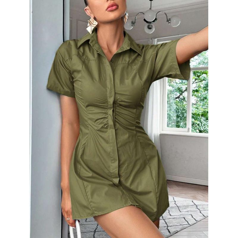 Europe, America 2026 summer new solid color elegant pleated slim slim short sleeve shirt dress
