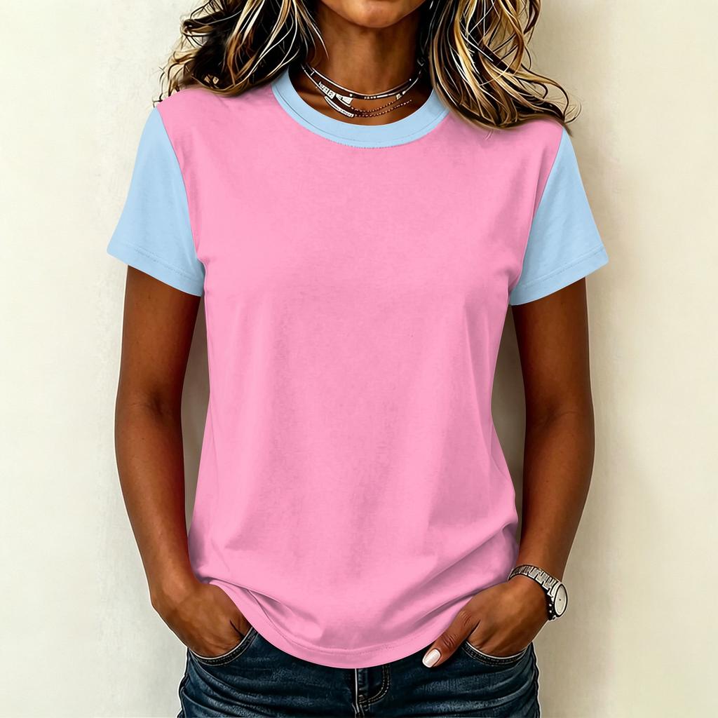 Women’s Casual Crew Neck Short Sleeve Pullover T Shirt Stitching Loose Fit Basic Top for Daily Wear