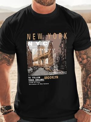 Men's 100% Cotton Summer Loose Fitting Casual New York Print Round Neck Short Sleeved T-shirt Top