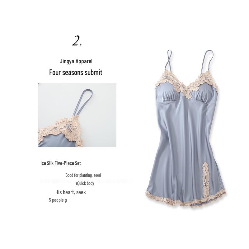 Women's Sexy Spring & Autumn Silk Pajamas 5-Piece Set: Thin Summer Ice Silk Nightdress & Robe with Chest Pad.