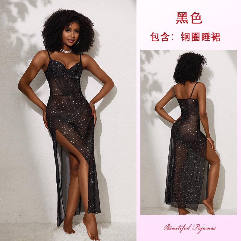 European and American sequins sexy perspective mesh dress memory steel ring V-neck high split suspender dress 8110
