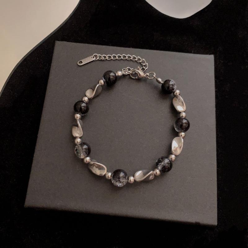 JYL TS Bracelet  Emerald Style Enhances Elegance & Prosperity Black crackle model 18cm+5 камео розовый