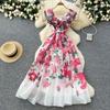 French Elegant Dress Female Summer Celebrity High Sense Lotus Leaf Edge V-Neck Waist Skinny Printed Pendulum Dress