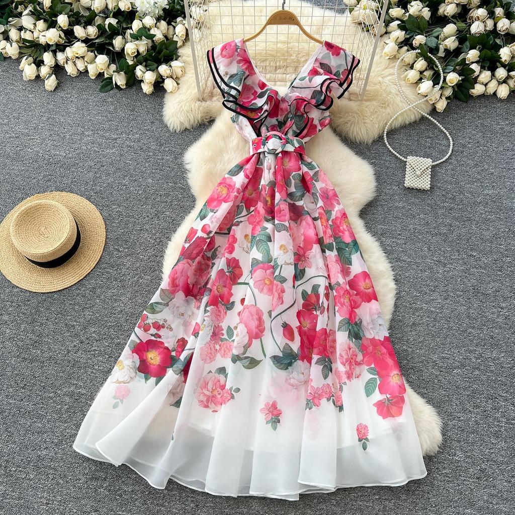 French Elegant Dress Female Summer Celebrity High Sense Lotus Leaf Edge V-Neck Waist Skinny Printed Pendulum Dress