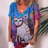 Sommer V-hals 3D Cat Printed Topp Fasjonable Casual Kortermede T-skjorter for kvinner