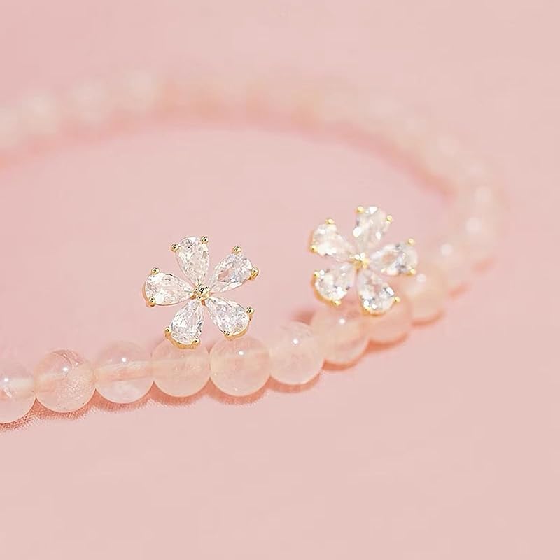 Cherry Blossoms Earrings Ladies Popularity Compatible with Metal Allergies Zirconia Flower Stud Leave It On Gold Celebration Day Birthday Wedding