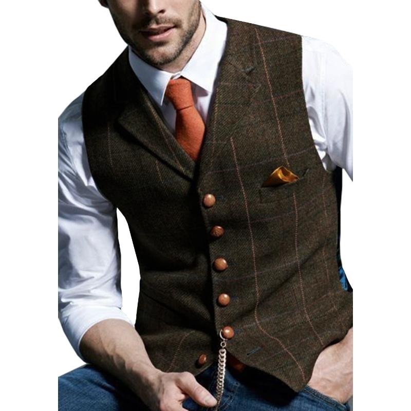 Brown Casual Gentleman Men's Vest Plaid Jacket Tweed Business Waistcoat for Wedding Best Man