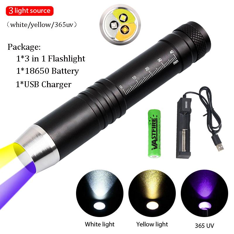 UV Led Flashlight Ultraviolet 365nm/395nm UV White Yellow 3 LEDs Lanterna Jade Jewelry Money Identification Pet Stains Marker
