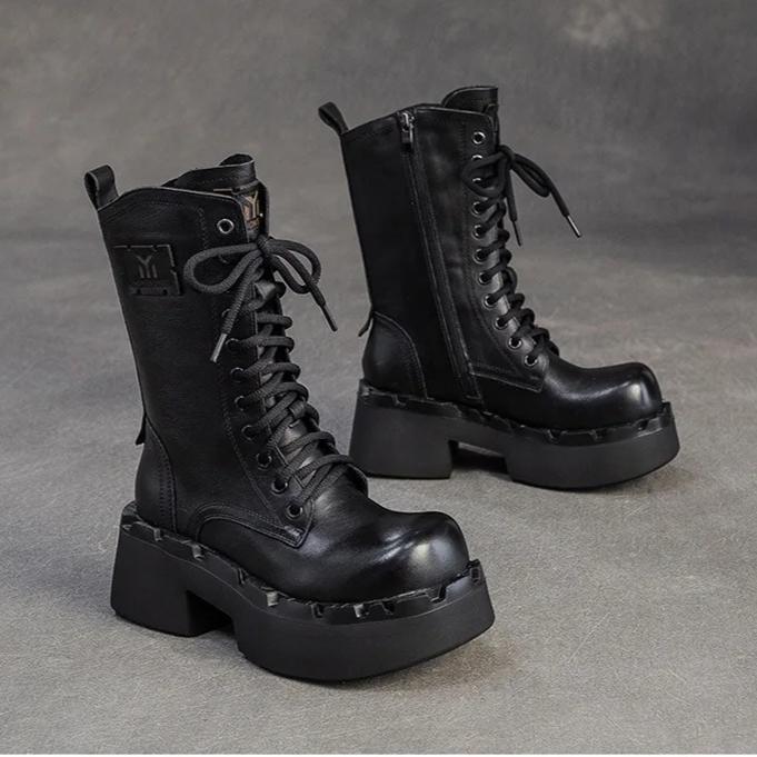 Johnature Genuine Leather Retro Thick Soled Mid-calf Boots Versatile Round Toe Women's Platform Boots