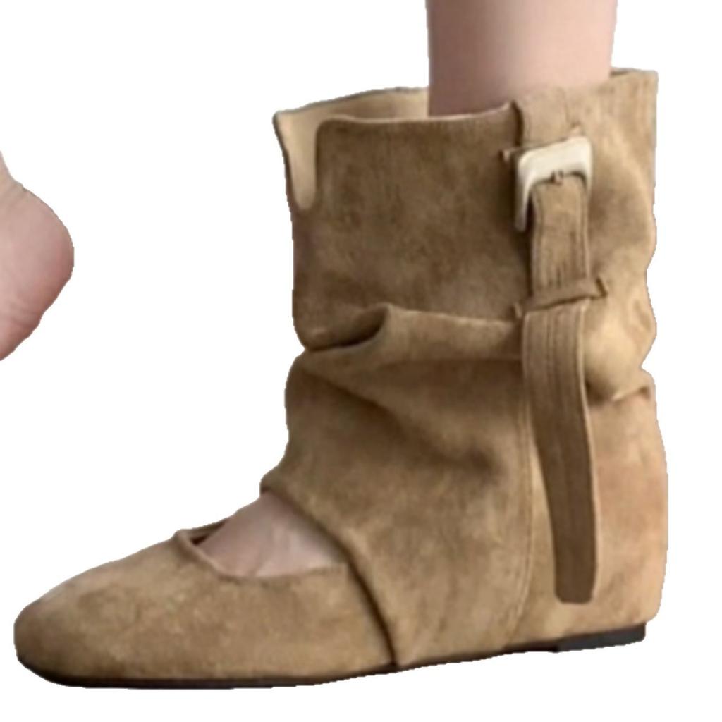 Many Belt Buckle Short Boots Wasteland Wind Round Head Inner Height Increase Retro Martin Boots Women
