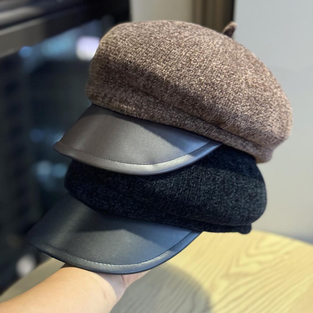 The New British Style Retro Leather Edge Patchwork Octagonal Hat with Wide Brim Makes Women Look Good in Spring and Autumn. Pointed Hat Trend