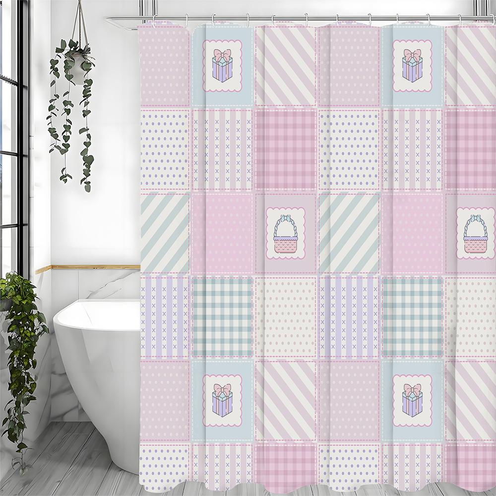 Creative Geometric Pink Yellow Blue Green Shower Curtain, Bathroom Decorative Shower Curtain, Waterproof Shower Curtain with Hoo