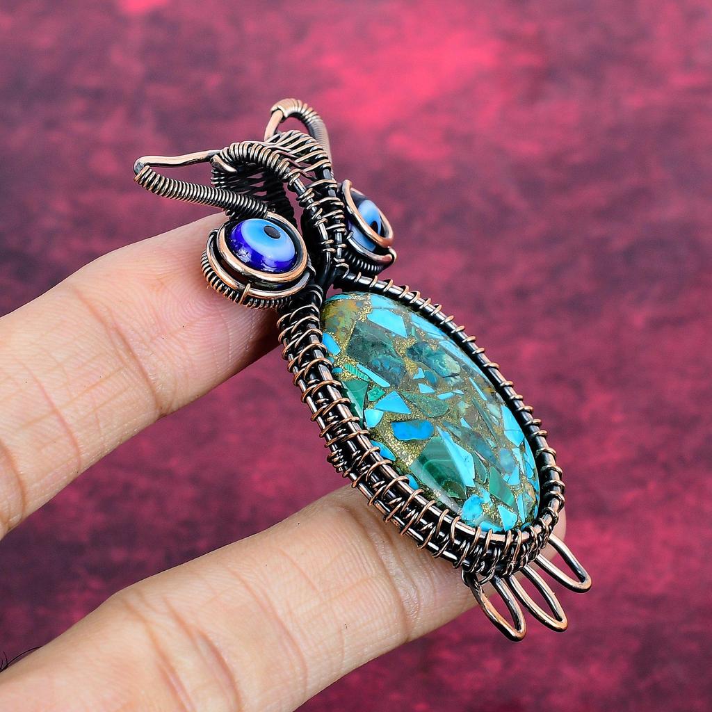 Copper Blue Turquoise Gemstone Pendant Owl Pendant Copper Wire Wrapped Blue Color Evil Eye Jewelry