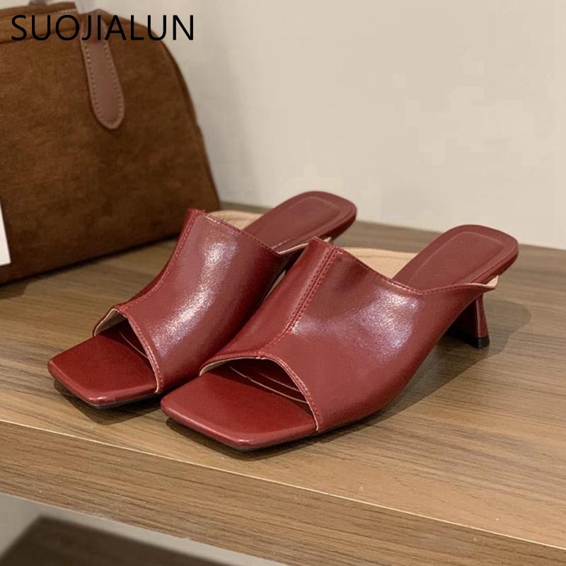 Fashion SUOJIALUN 2025 Summer New Brand Women Slipper Fashion Square Toe Slip On Slides Square High Heel Outdoor Dress Sandal Shoes