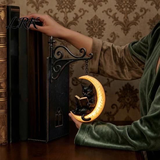Fermalibri Decorativi in Metallo per Scaffali Gotici con Luce Sospesa, Gatto Corvo Fantasma Luna Nera Supporto per Libri Lampada per Libreria, Fermalibri Finestra di Chiesa Vintage