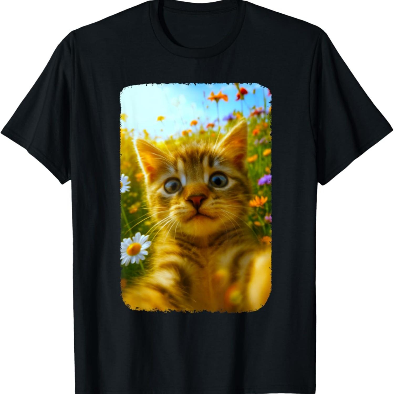 Funny Cat Selfie Cute Kitten In Flower field Cat Meme T-Shirt S