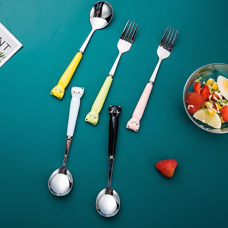 3Pcs Cute Cat Kids Tableware Set Stainless Steel Spoon Fork Chopsticks Portable Cutlery Kit For Student School Travel Use