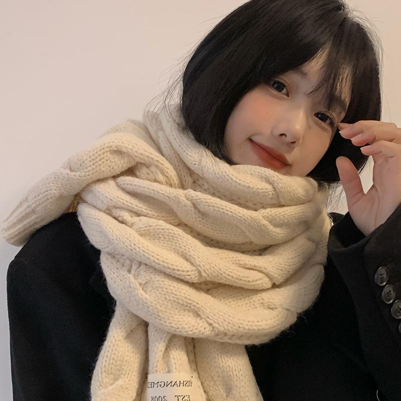 Scarf Women's Winter Korean Version Advanced Fried Dough Twists Knitted Coarse Wool Long Neck Neck Warming and Thickening