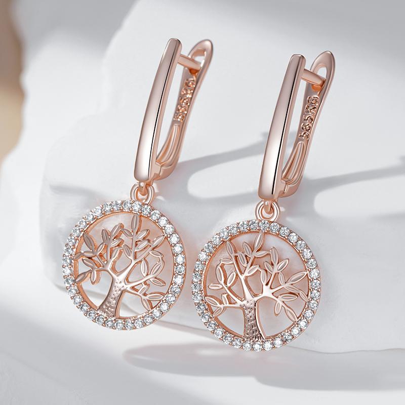 Kienl Růžově zlaté visací náušnice s květinami pro ženy Lesklé přírodní zirkonové doplňky Vintage Denní jemné šperky