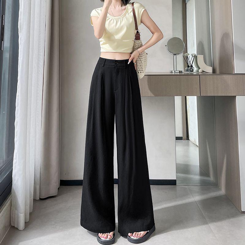 2026 Women's Ice Silk High Waist Wide-Leg Pants: Slimming, Drape, Casual, Loose, Milk Puff Style for Summer