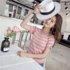 Skinny Knitted T Shirt Women Crop Top Ladies Summer Tee Shirt Contrast Striped Top Round Neck Short Sleeve Crop T-shirt 4 Color