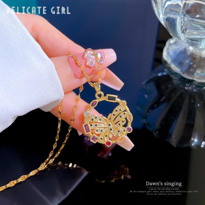 Exaggerated Color Butterfly Micro-Inlaid Real Gold Necklace Female Transfer Bead Collarbone Chain With Jewelry