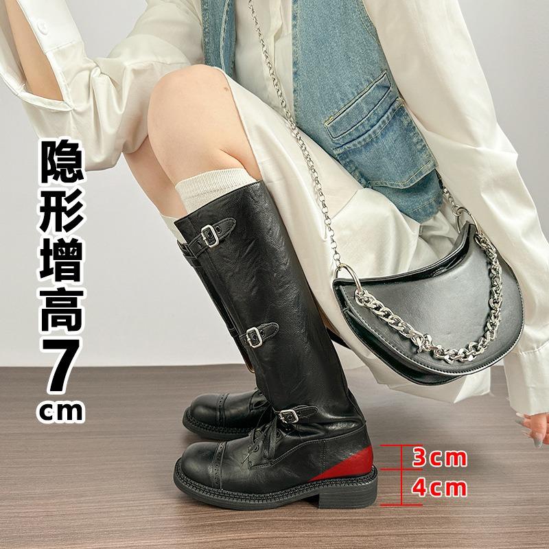 Cowhide version~ retro leather inner height increase 7cm boots fashion boots women's old knight boots belt buckle boots
