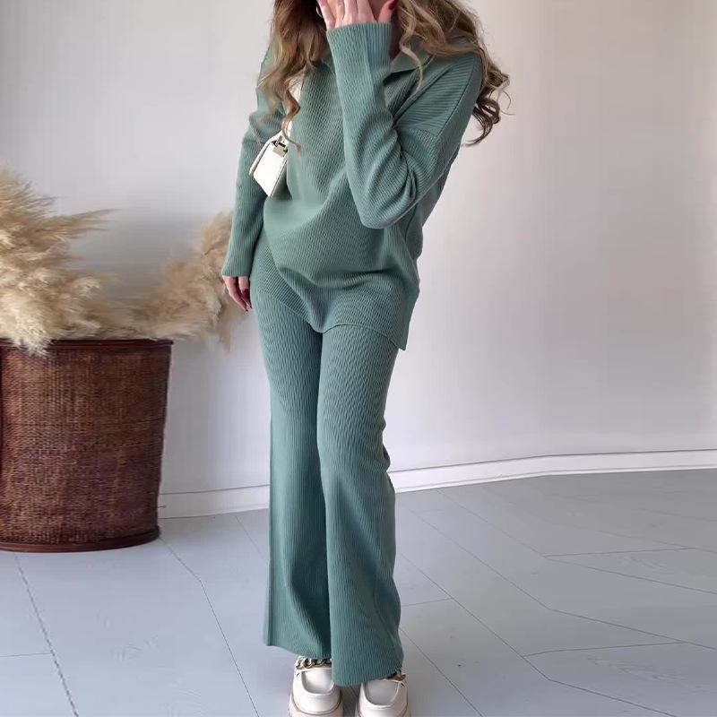2023 Autumn/Winter European & American Solid Color POLO Collar Casual Slit Sweater Set