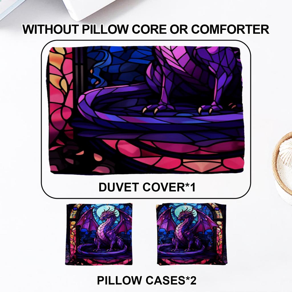 3pcs Stained Glass Purple Dragon Print Duvet Cover Set – for Kids Gift 100%Polyester, Soft, Breathable for Bedroom Decoration