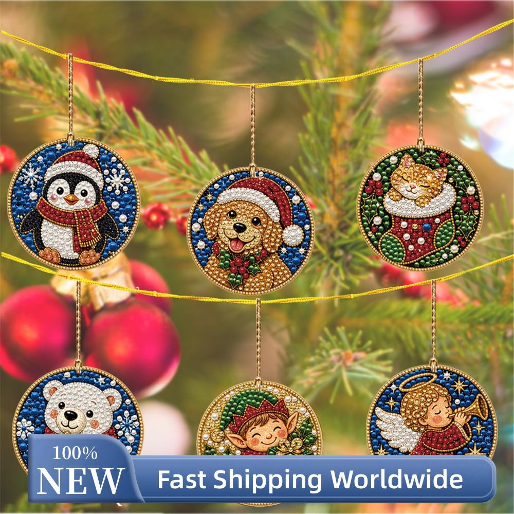 Christmas DIY Rhinestone Painting Ornaments 6pcs Wooden Round Pendants Diamond Craft Kit with Hemp Rope Tools Included
