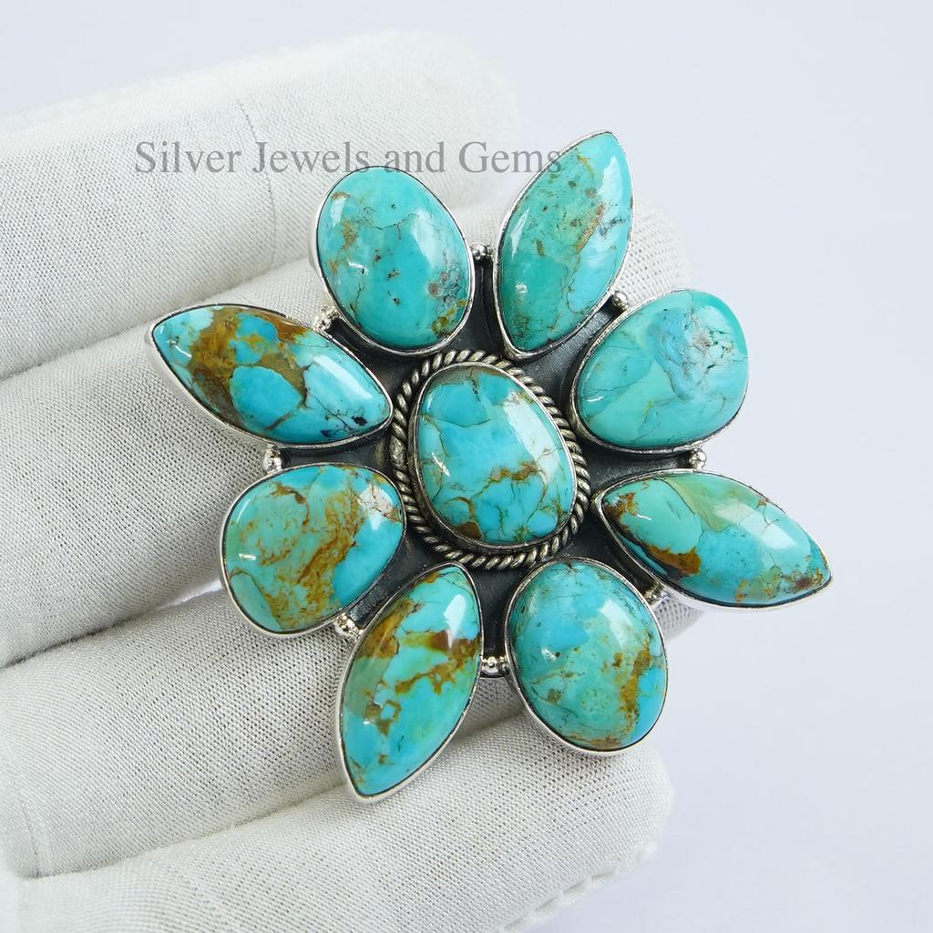 Natural Turquoise Cluster Ring, Adjustable Band Ring, Boho Ring, Wedding Ring, Bridesmaid Ring, Unique Ring, Turquoise Jewelry