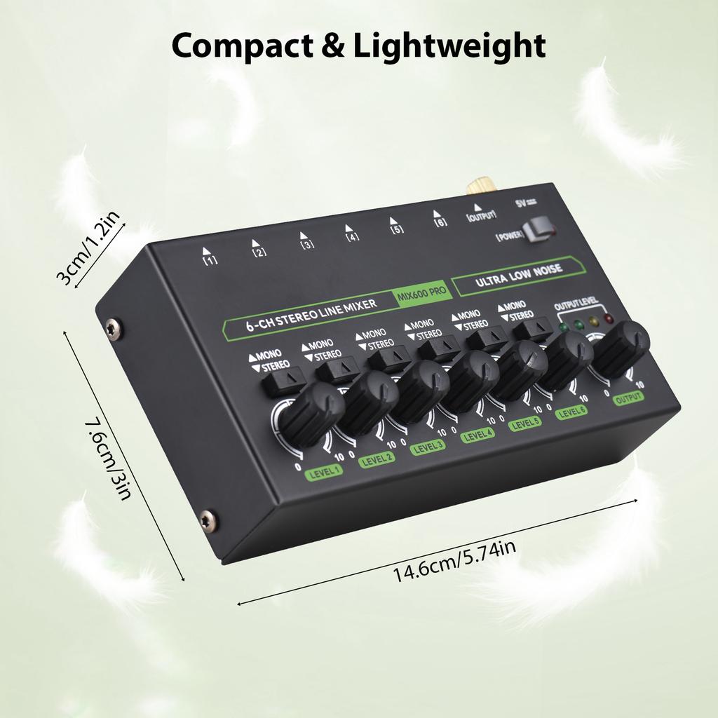 6-Channel Audio Mixer Mini Audio Mixer Stereo Mono Switching 6.35mm TRS/TS Input Metal Shell Type-C