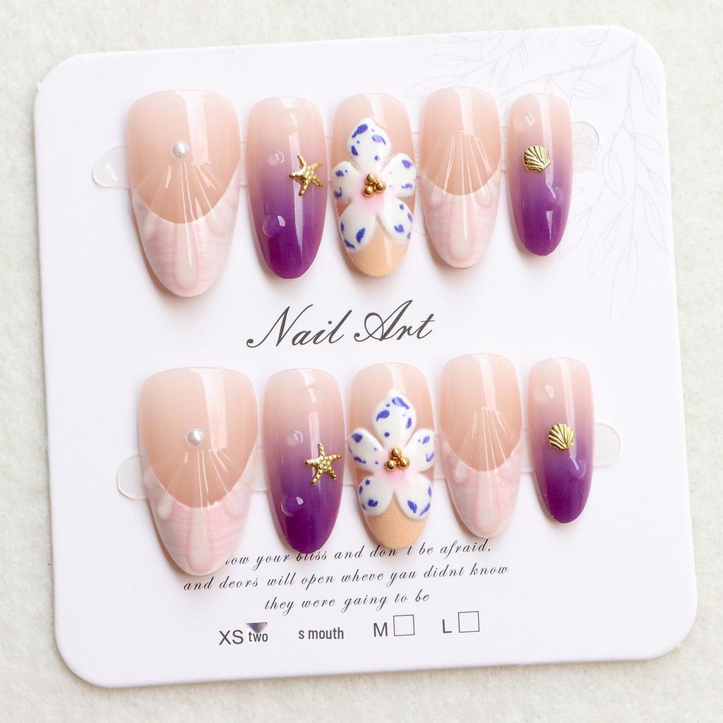 Ocean Light Purple Almond-Shaped Wearable Nails with Rhinestone French Ice Translucent Design