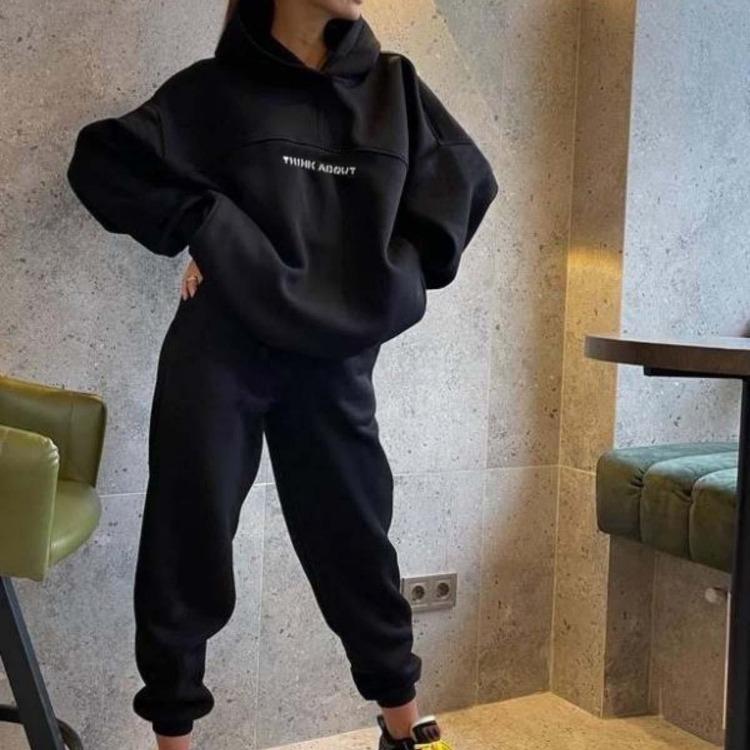Women Autumn Winter Loose Hooded Long Sleeve O Neck Hoodies Suit with Printed Top and Wide Leg Pants