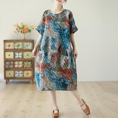 Plus Size Women Long Dress New Summer Style Short Sleeve Floral O-Neck Linen Loose