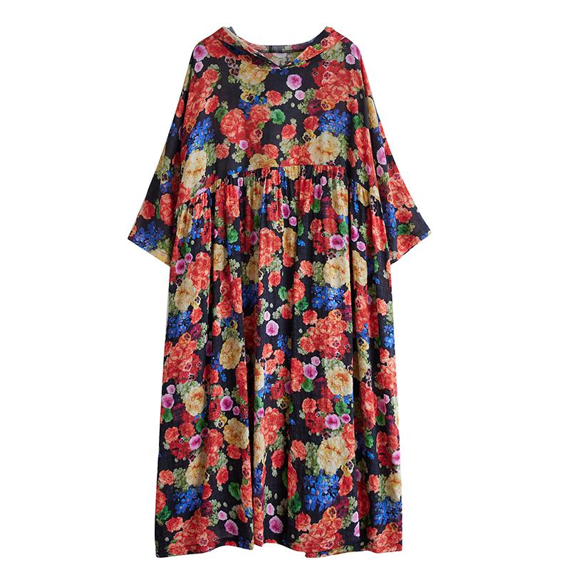 DIMANAF 2025 Sommer Damen Übergröße Basic Kleid Kapuze Plissee Lässig Lang Locker Vintage Blumenkleid Maxi