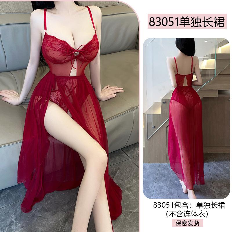 Original Erotic Underwear Pure Desire Lace Seductive One-piece Suit Gauze Skirt Set Women See-through Uniform Pajamas 1043