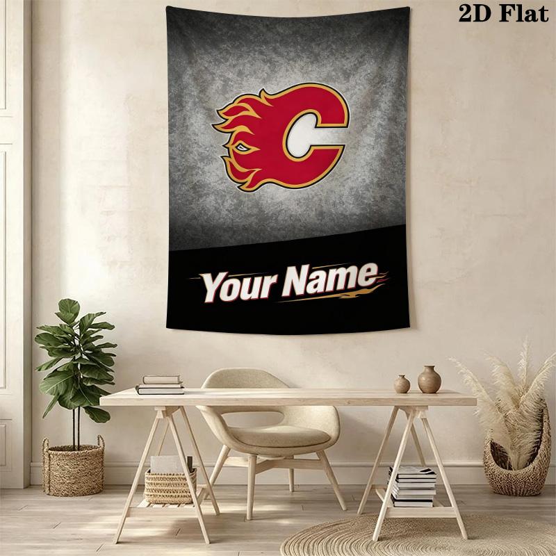 Name Custom Calgary Flames Logo Wall Tapestry Aesthetic Wall Hanging Printed Fabric Blanket Decorative Tapestries for Bedroom Living Room Home Decor