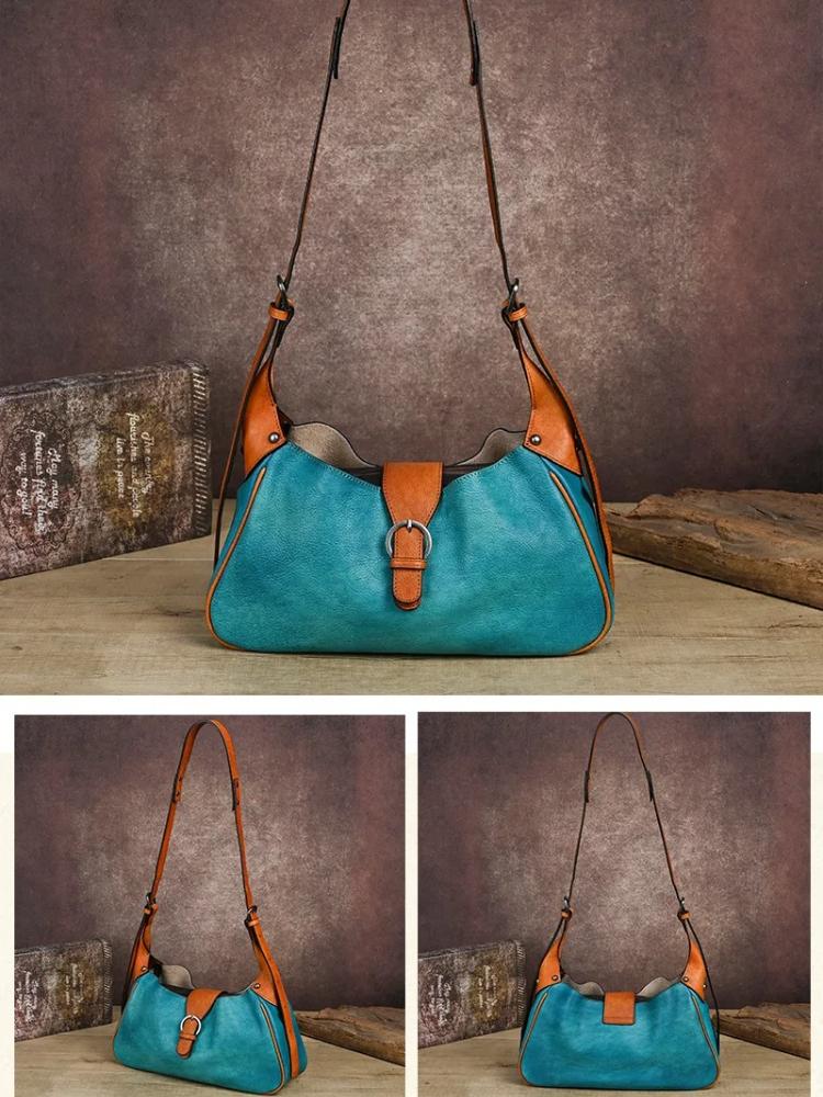 Johnature Genuine Leather Retro Women's Bag Solid Color Soft Cowhide Large Capacity Shoulder Crossbody Bag